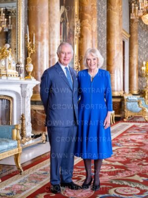 The King and The Queen, photographed in the Blue Drawing Room at Buckingham Palace.