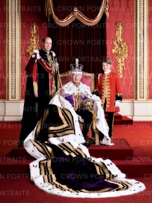His Majesty The King with his son, HRH The Prince of Wales, and his grandson, HRH Prince George.