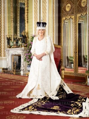 Her Majesty in The Green Drawing Room, at The Coronation, wearing Queen Mary’s Crown and Robe of Estate, 6th May 2023