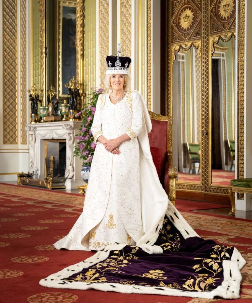 Her Majesty in The Green Drawing Room, at The Coronation, wearing Queen Mary’s Crown and Robe of Estate, 6th May 2023