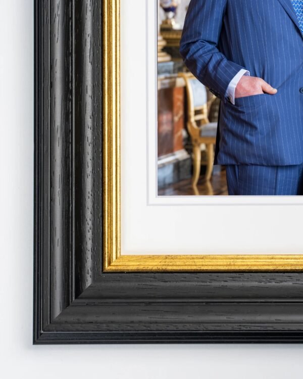 Windsor Framed Print of their Majesties The King and The Queen, photographed close up, smiling in the Blue Drawing Room at Buckingham Palace, March 2023
